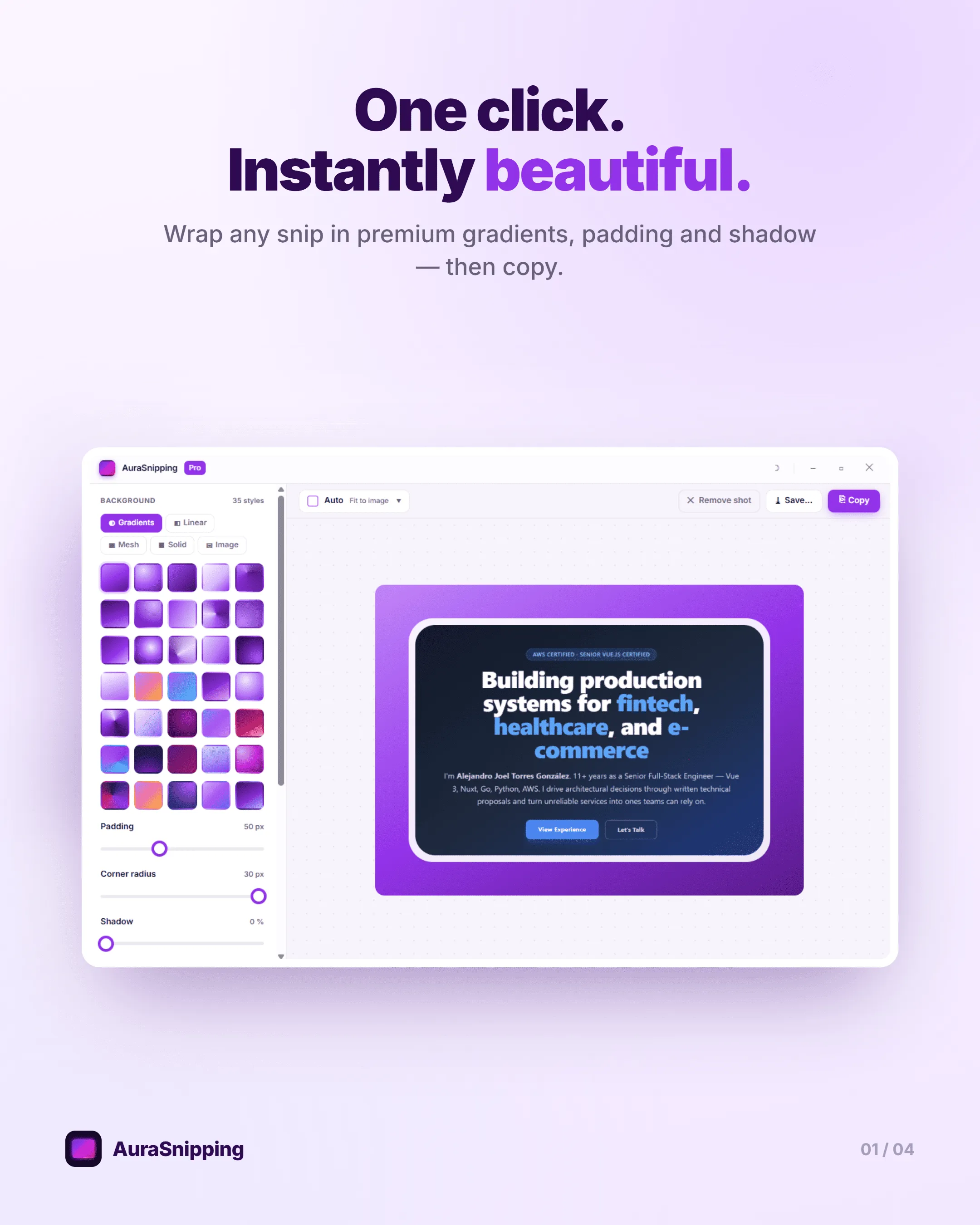 AuraSnipping editor wrapping a screenshot in a purple gradient background with padding and rounded corners — one click, instantly beautiful