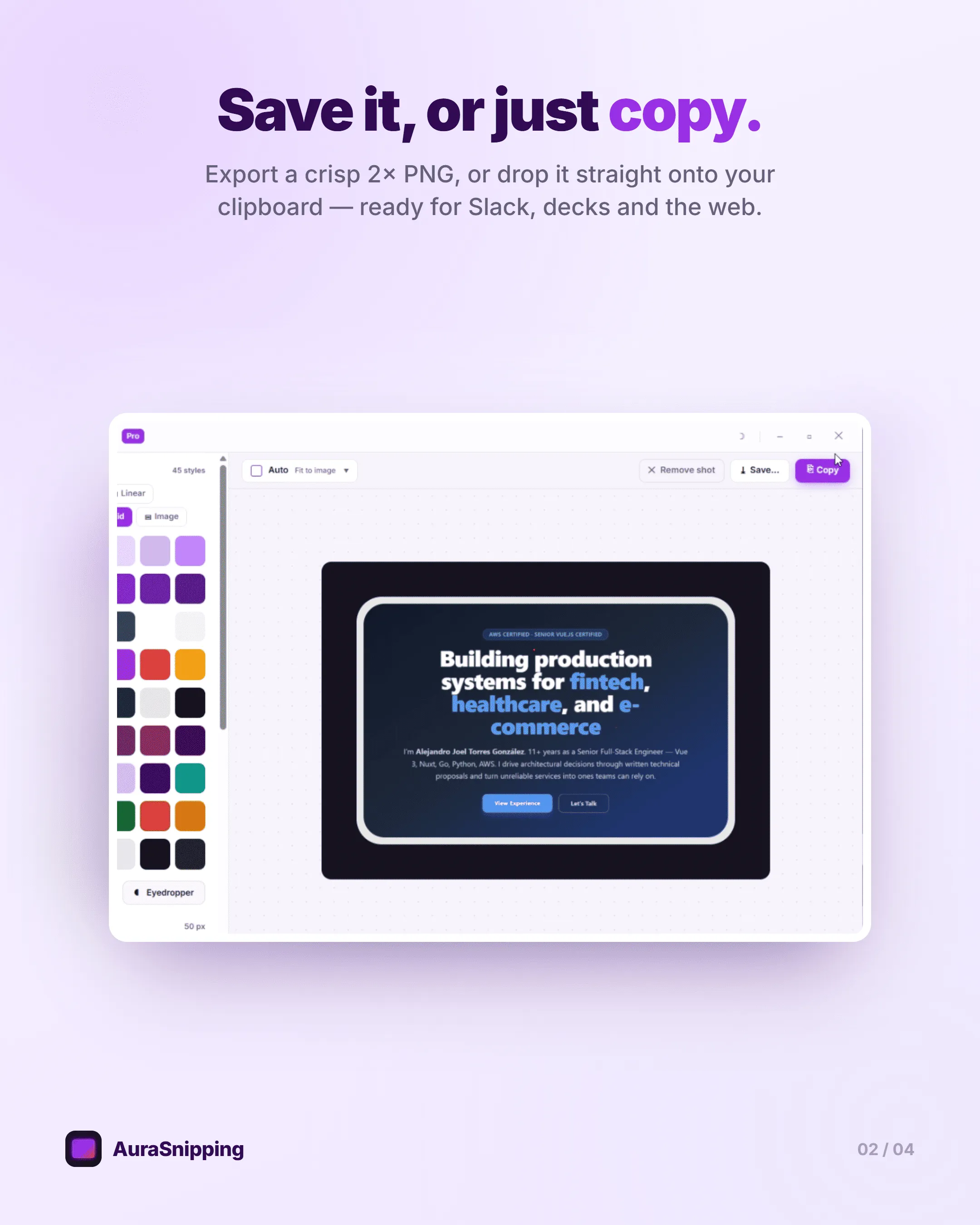 Copying a framed screenshot to the clipboard or exporting it as a crisp 2x PNG from AuraSnipping