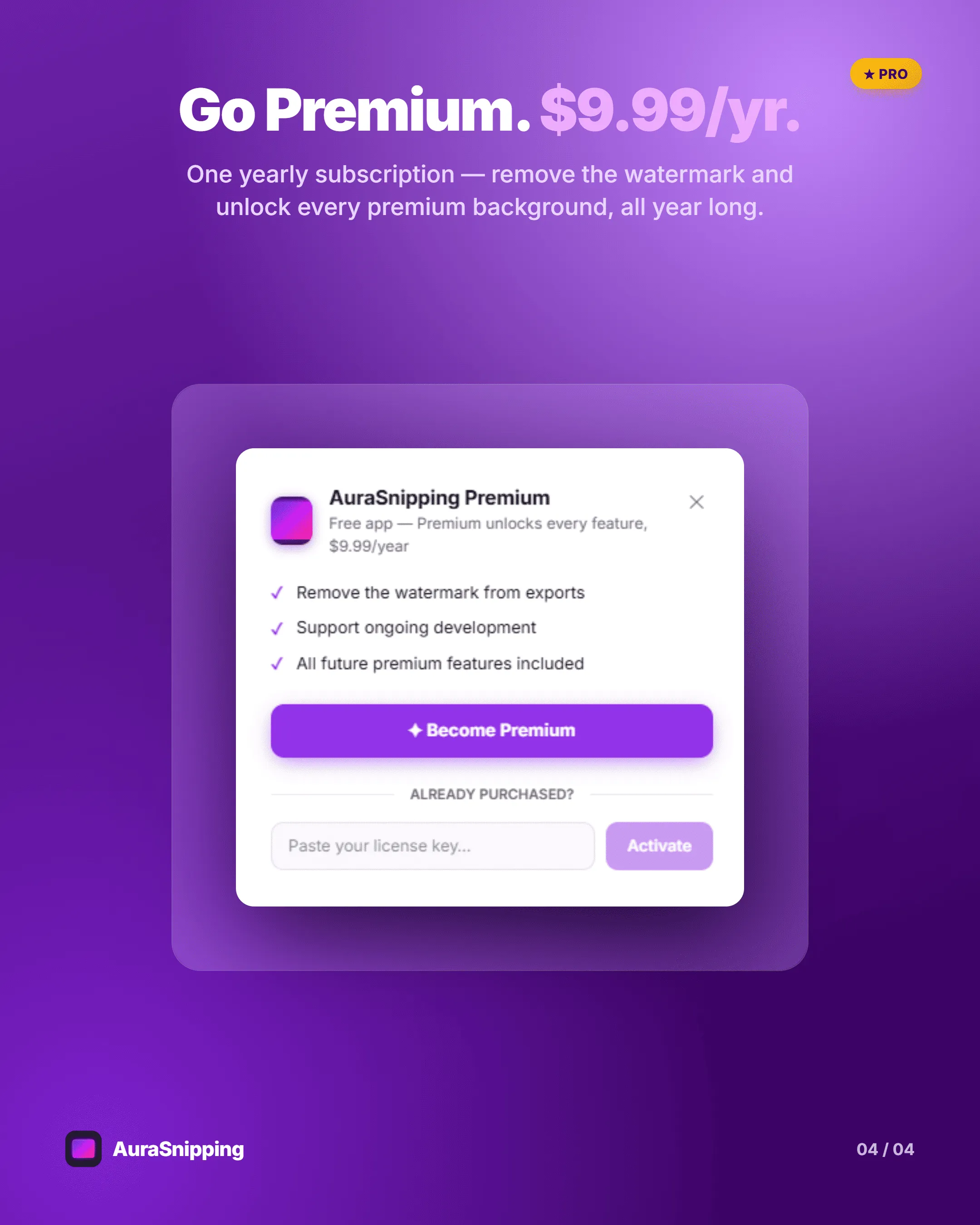 AuraSnipping Premium — a $9.99/year license that removes the watermark from exports